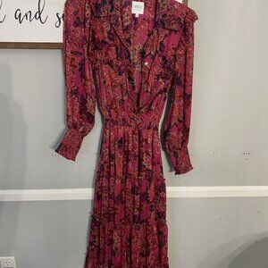 Misa Los Angeles Marian Tiered Floral Midi-Dress In Fuschia Pink XS LIKE NEW